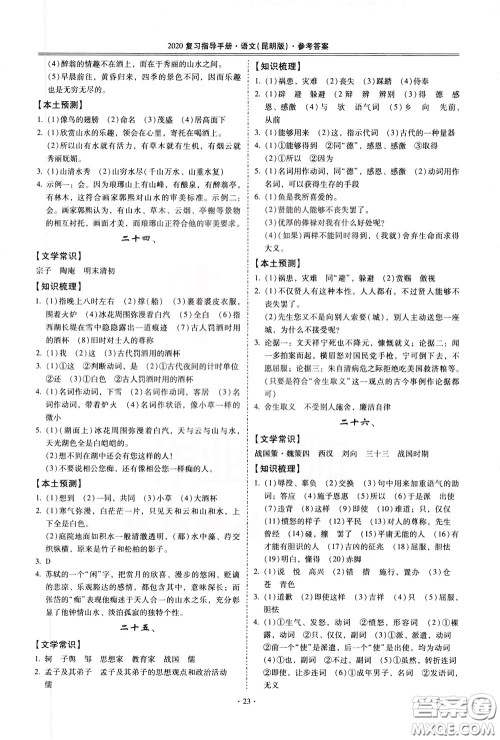 2020年昆明市初中学业水平考试复习指导手册语文古诗文阅读参考答案 2020年昆明市初中学业水平考试复习指导手册语文古诗文阅读参考答案
