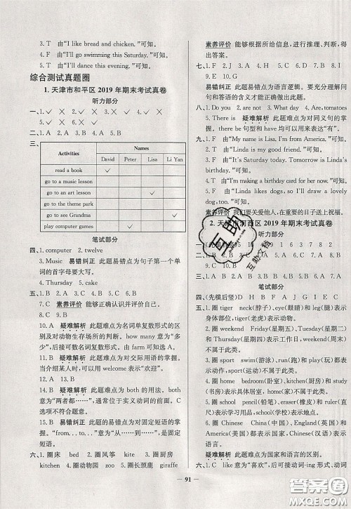 2020年真题圈天津市小学考试真卷三步练四年级下册英语参考答案