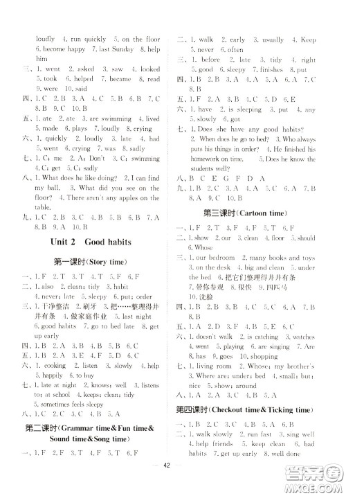 2020年课时金练英语六年级下册江苏版参考答案