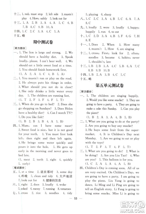 2020年课时金练英语六年级下册江苏版参考答案