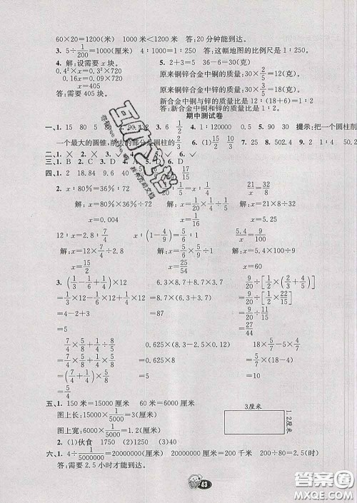 河北教育出版社2020新版七彩练霸六年级数学下册苏教版答案