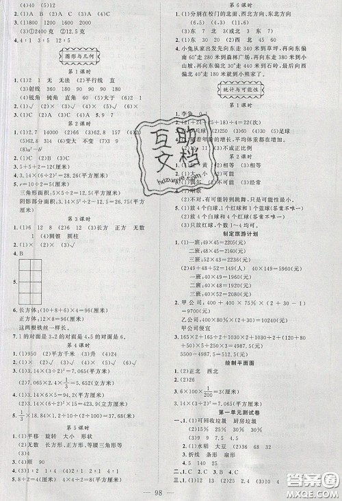 2020原创新课堂六年级数学下册苏教版答案