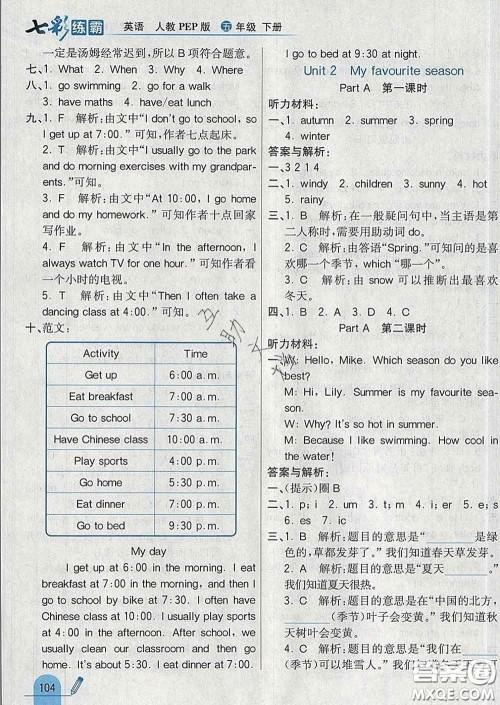 河北教育出版社2020新版七彩练霸五年级英语下册人教版答案