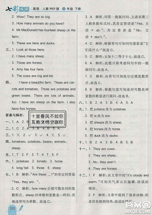 河北教育出版社2020新版七彩练霸四年级英语下册人教版答案