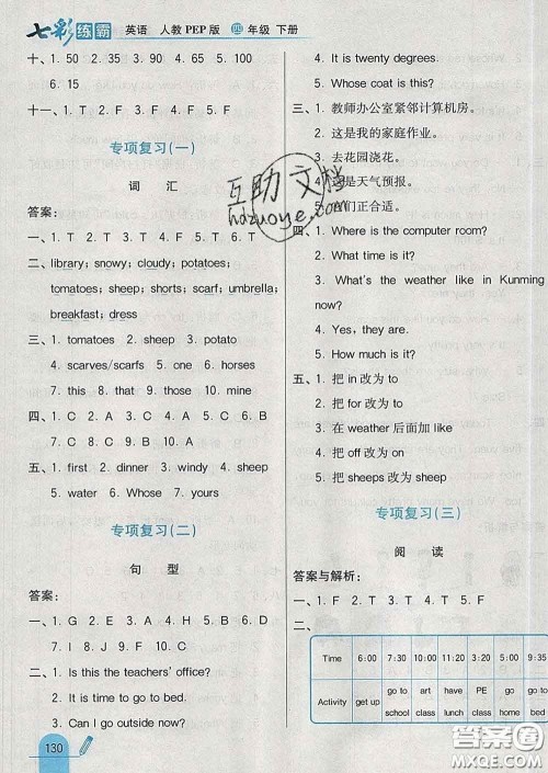 河北教育出版社2020新版七彩练霸四年级英语下册人教版答案