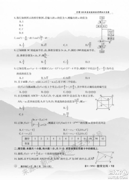 2020年全国100所名校最新高考模拟示范卷一数学试题及答案