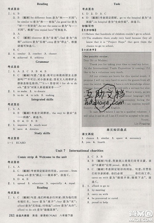 2020春全品大讲堂初中英语八年级下册新课标YLNJ译林牛津版参考答案