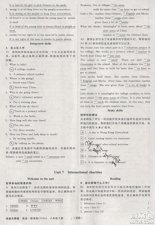 2020春全品大讲堂初中英语八年级下册新课标YLNJ译林牛津版参考答案