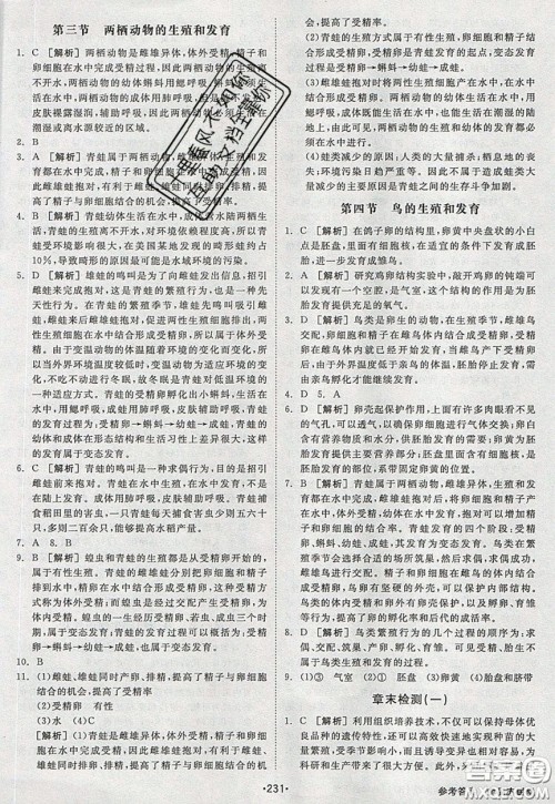 2020春全品大讲堂初中生物八年级下册新课标RJ人教版参考答案