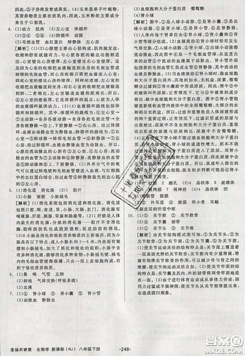 2020春全品大讲堂初中生物八年级下册新课标RJ人教版参考答案