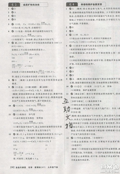 2020春全品大讲堂初中化学九年级下册新课标KY科粤版参考答案 2020春全品大讲堂初中化学九年级下册新课标KY科粤版参考答案