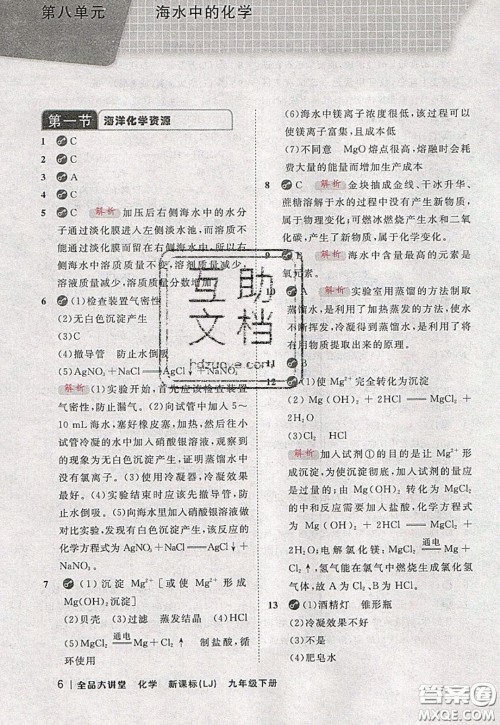 2020春全品大讲堂初中化学九年级下册新课标LJ鲁教版参考答案