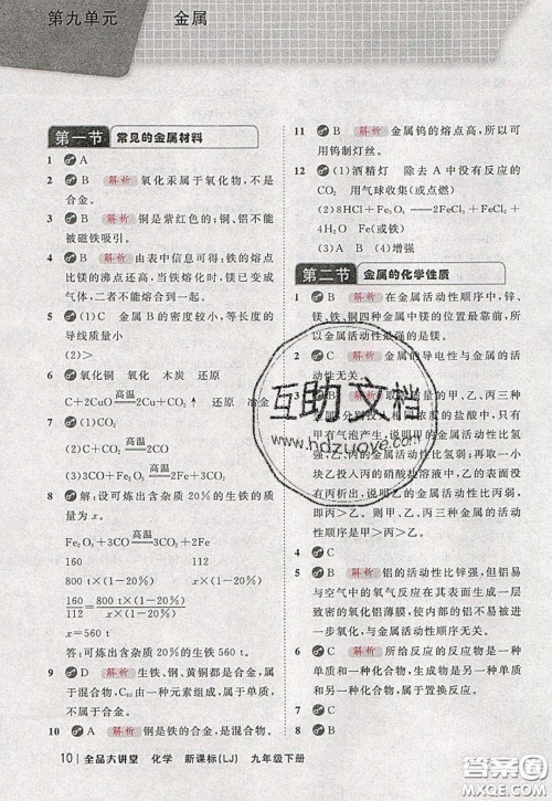 2020春全品大讲堂初中化学九年级下册新课标LJ鲁教版参考答案
