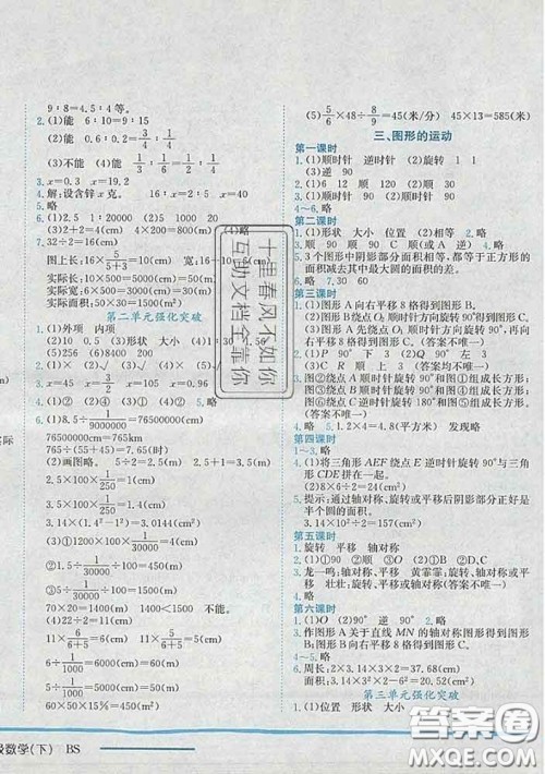 2020春北师版广东专版黄冈小状元作业本六年级数学下册答案