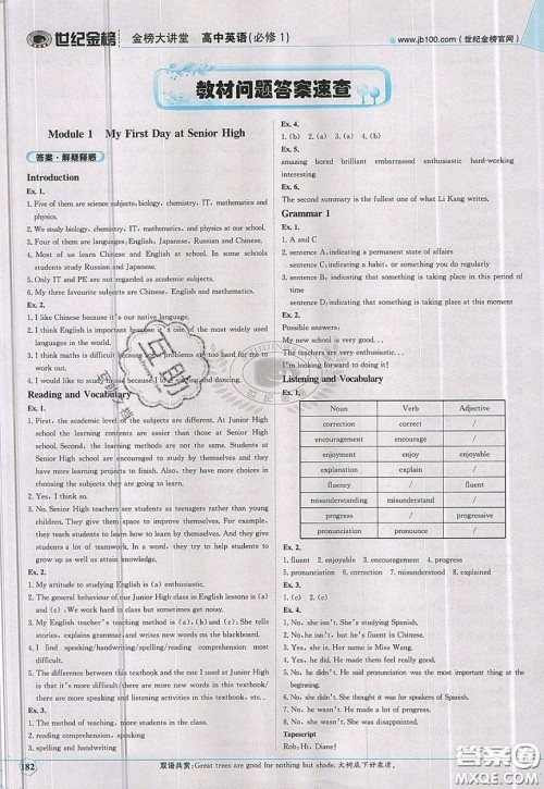 世纪金榜2020新版金榜大讲堂高中英语必修1外研版WY参考答案 世纪金榜2020新版金榜大讲堂高中英语必修1外研版WY参考答案