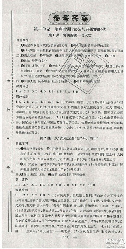 阳光出版社2020精英新课堂七年级历史下册人教版答案