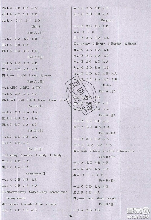 2020年智慧树同步讲练测英语四年级下册PEP人教版参考答案