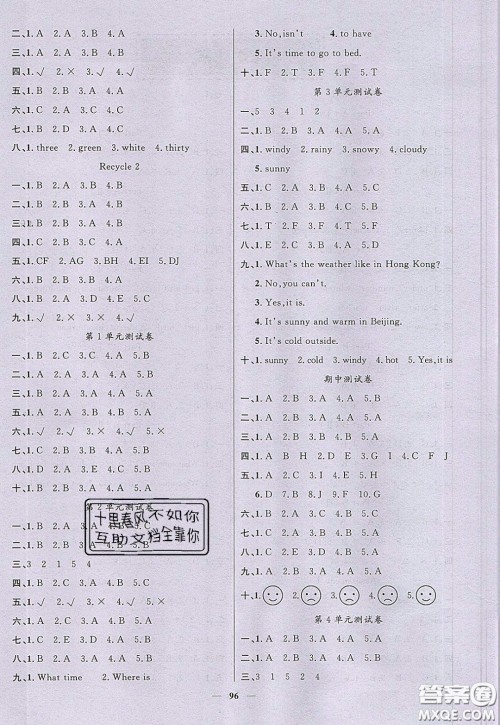 2020年智慧树同步讲练测英语四年级下册PEP人教版参考答案