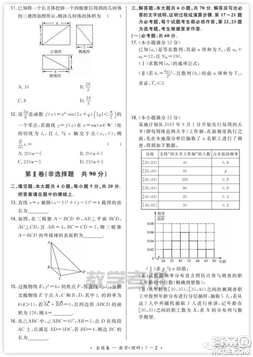 2020届天利38套能力提升卷一理科数学试题及答案