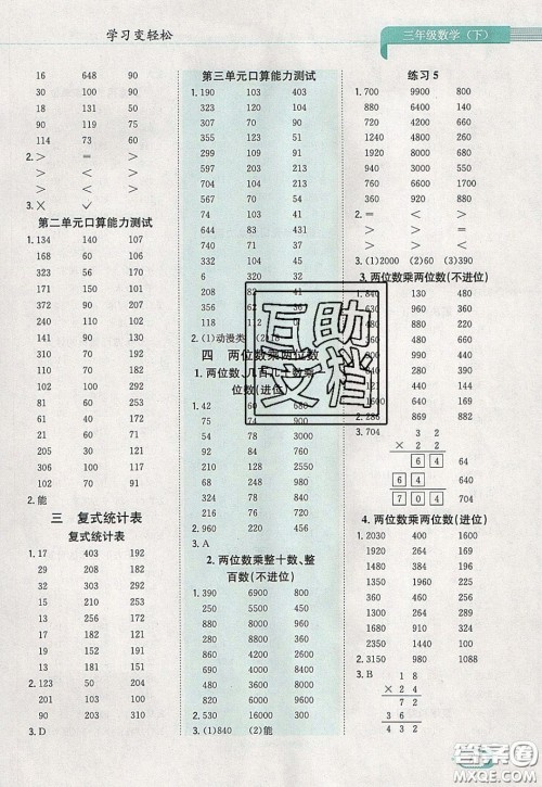 陕西人民教育出版社2020年口算一本通三年级数学下人教版RJ版参考答案