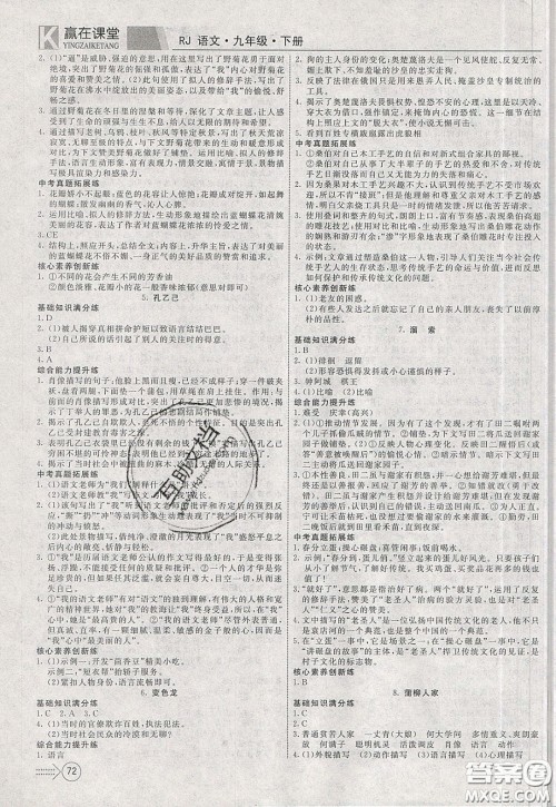 2020年赢在课堂满分特训一本通九年级下册语文人教版参考答案