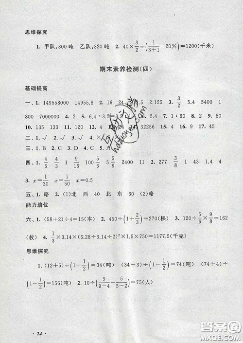 2020春走进重点初中拓展与培优六年级数学下册人教版答案