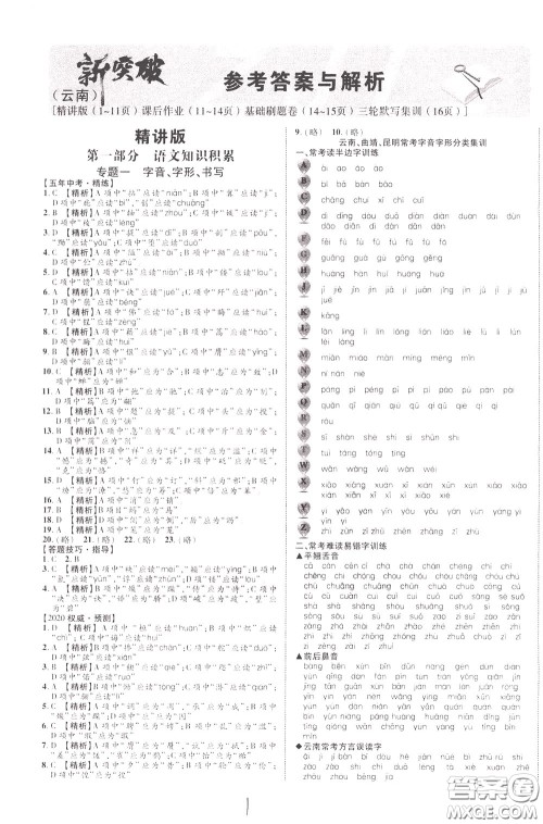 2020升级版云南中考新突破语文参考答案