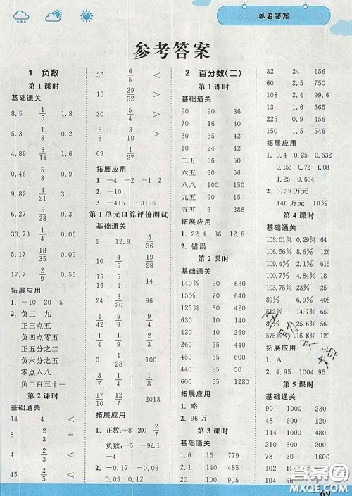 中国地图出版社2020春金博优口算课时通六年级数学下册人教版答案