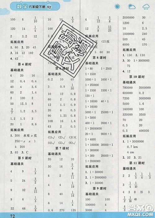 中国地图出版社2020春金博优口算课时通六年级数学下册人教版答案