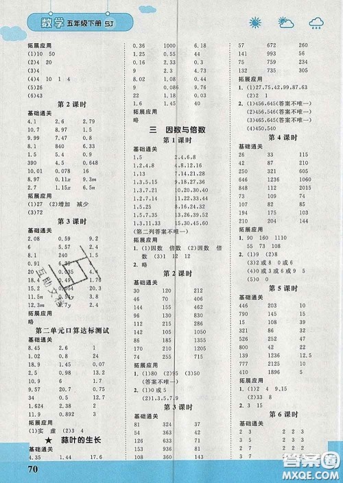 中国地图出版社2020春金博优口算课时通五年级数学下册苏教版答案