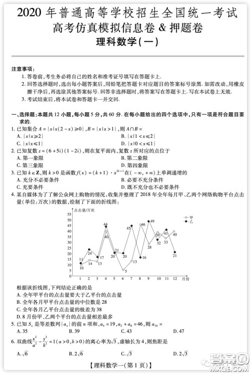 2020年普通高等学校招生全国统一考试高考仿真模拟信息卷押题卷一理科数学试题及答案