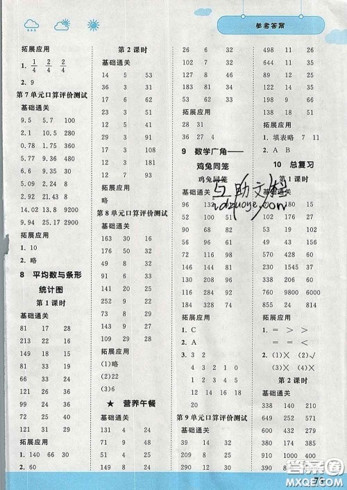 中国地图出版社2020春金博优口算课时通四年级数学下册人教版答案