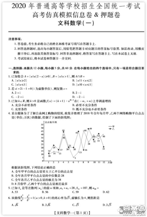 2020年普通高等学校招生全国统一考试高考仿真模拟信息卷押题卷一文科数学试题及答案