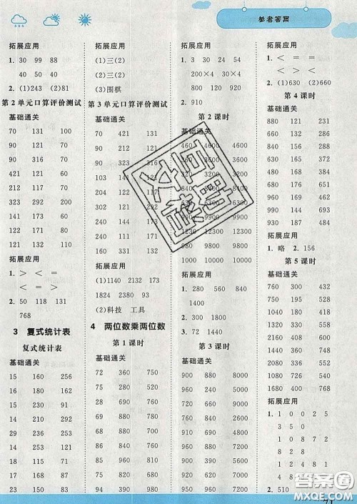 中国地图出版社2020春金博优口算课时通三年级数学下册人教版答案