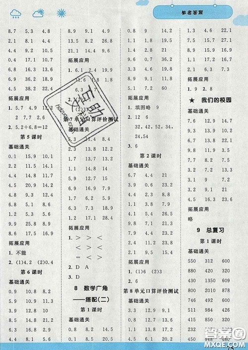 中国地图出版社2020春金博优口算课时通三年级数学下册人教版答案