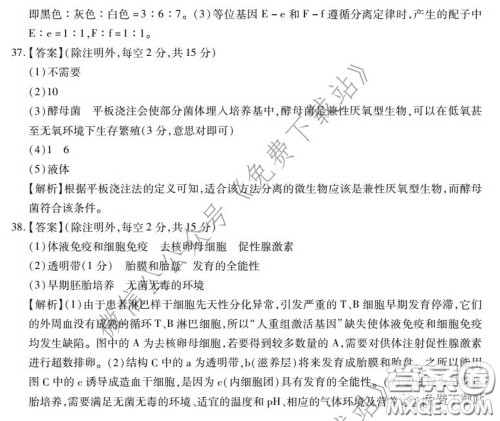 2020年普通高等学校招生全国统一考试高考仿真模拟信息卷押题卷一生物答案 2020年普通高等学校招生全国统一考试高考仿真模拟信息卷押题卷一生物答案