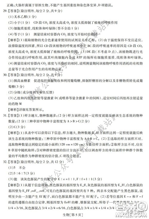 2020年普通高等学校招生全国统一考试高考仿真模拟信息卷押题卷一生物答案 2020年普通高等学校招生全国统一考试高考仿真模拟信息卷押题卷一生物答案