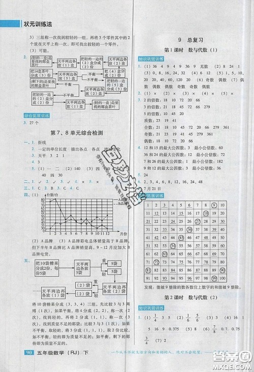 2020状元训练法课时同步练测五年级数学下册人教版答案