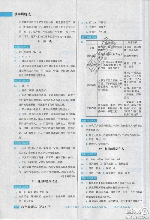 2020状元训练法课时同步练测六年级语文下册人教版答案