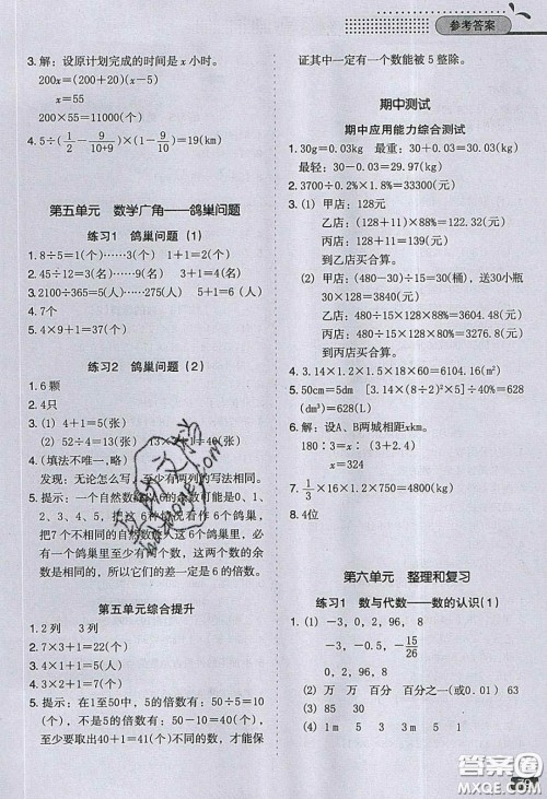 2020应用题小状元小学数学应用题过关训练六年级数学下册人教版答案