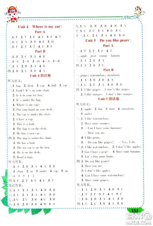 2020年状元大课堂好学案三年级下册英语PEP人教版参考答案