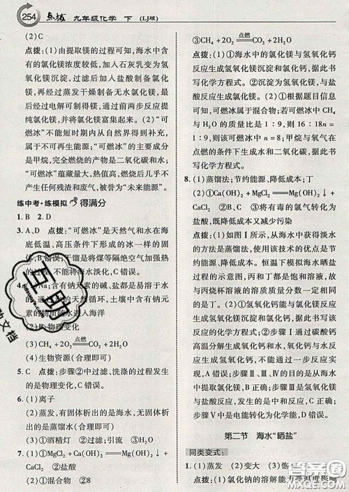 吉林教育出版社2020春特高级教师点拨九年级化学下册鲁教版答案