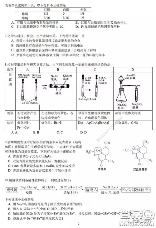 华师大一附中2020届高三2月检测线上理科综合能力测试试题及答案