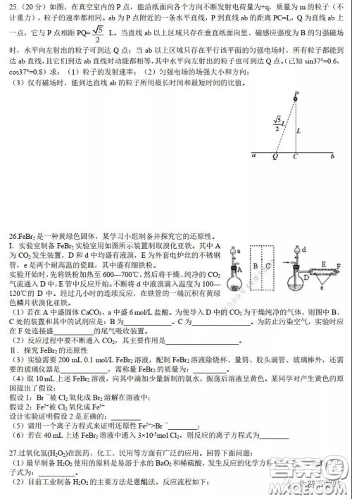 华师大一附中2020届高三2月检测线上理科综合能力测试试题及答案