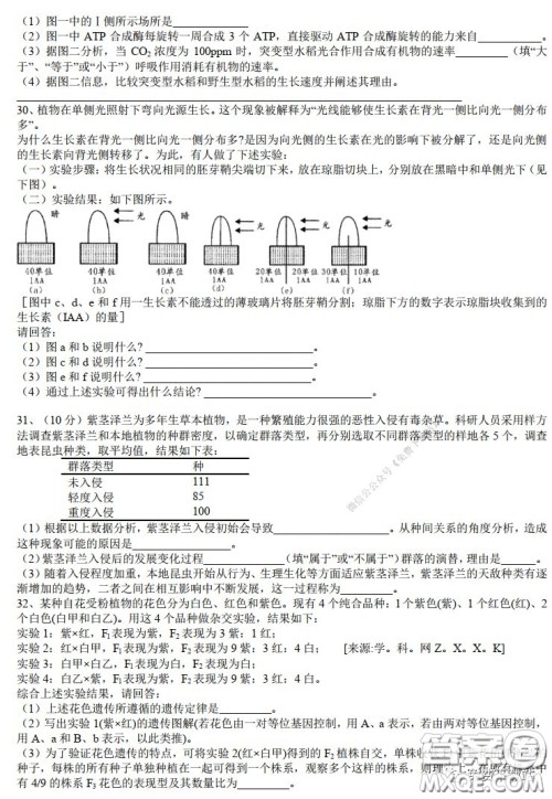 华师大一附中2020届高三2月检测线上理科综合能力测试试题及答案