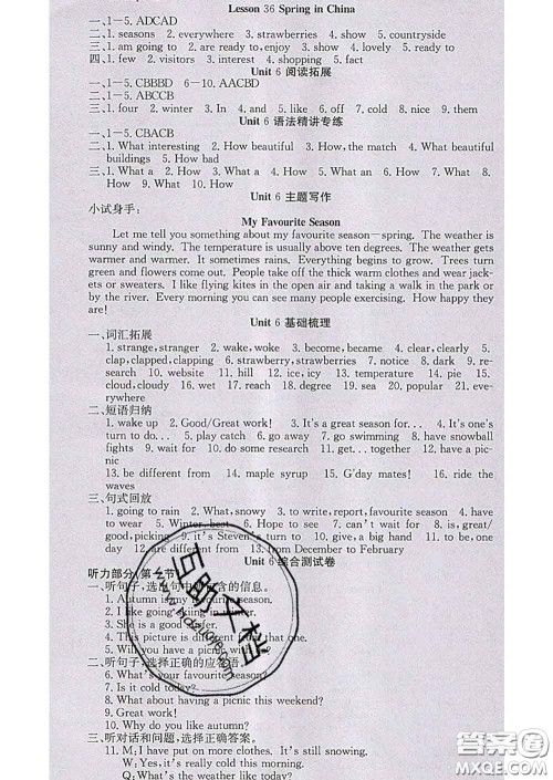 2020春梯田文化课堂点睛七年级英语下册冀教版答案