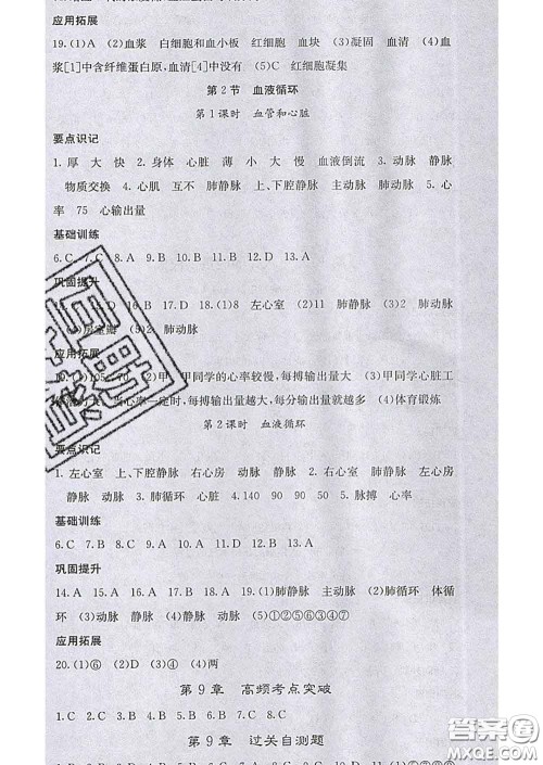 梯田文化2020春课堂点睛七年级生物下册北师版答案