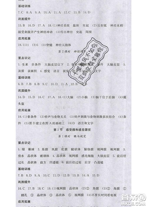 梯田文化2020春课堂点睛七年级生物下册北师版答案