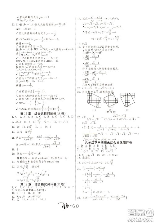 2020年考必胜名牌牛匹卷提优名卷数学八年级下册JSKJ江苏科教版参考答案