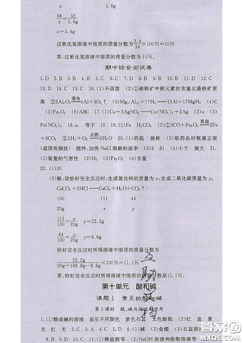 梯田文化2020春课堂点睛九年级化学下册人教版答案